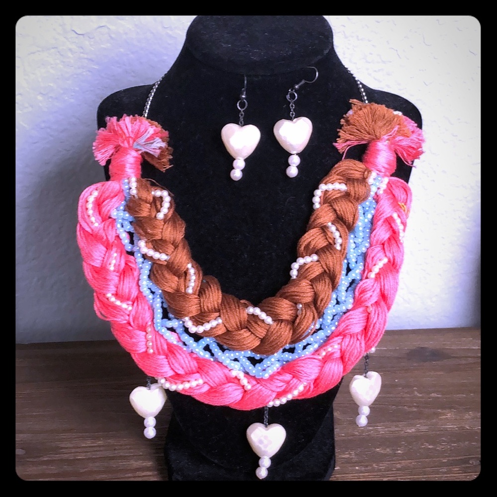 Woven thread necklace with matching earrings